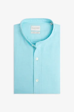 Camicia coreana misto lino turchese