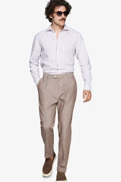 Camicia misto lino a righe tortora