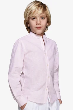 Camicia misto lino coreana a righe rosa Kids
