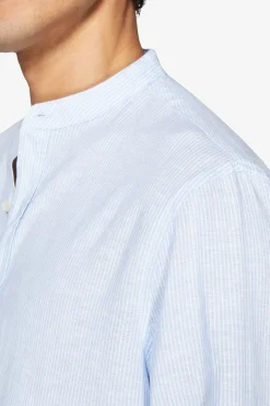 Camicia misto lino coreana a righe celeste