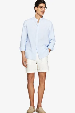 Camicia misto lino coreana a righe celeste