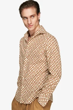 Camicia misto lino stampa cerchi tabacco