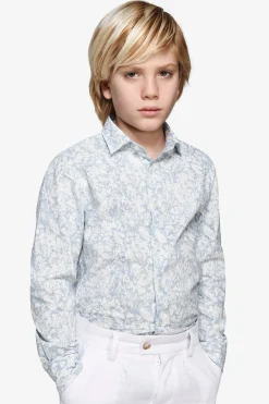 Camicia misto lino stampa fiori celeste Kids