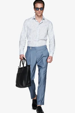 Camicia misto lino stampa fiori celeste