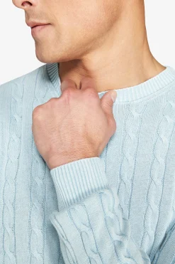 Maglia girocollo treccia costa piatta celeste